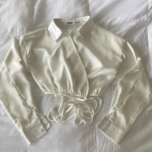 Satin cropped wrap top with collar and long sleeves